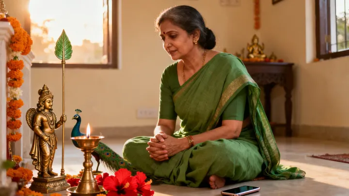 அதிகாலையில் வீட்டு பூஜை மூலையில் பச்சைப் புடவை அணிந்த ஒரு பெண் கைகூப்பி அமர்ந்திருக்கிறார்; முன்னால் வேலுடன் நிற்கும் முருகன் பித்தளைச் சிலையும், மயிலும், எரியும் விளக்கும், செம்பருத்திப் பூக்களும் உள்ளன.