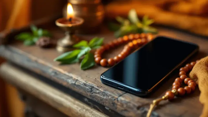 A dark smartphone rests on a worn wooden shelf beside a rosewood mala, a lit brass diya and a few green tulsi leaves in a home prayer corner.