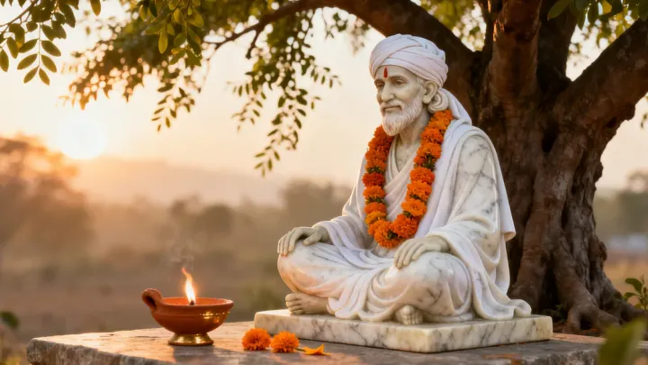 A white marble murti of Sai Baba of Shirdi seated under a neem tree at sunrise, with a marigold garland and a lit clay lamp beside it.