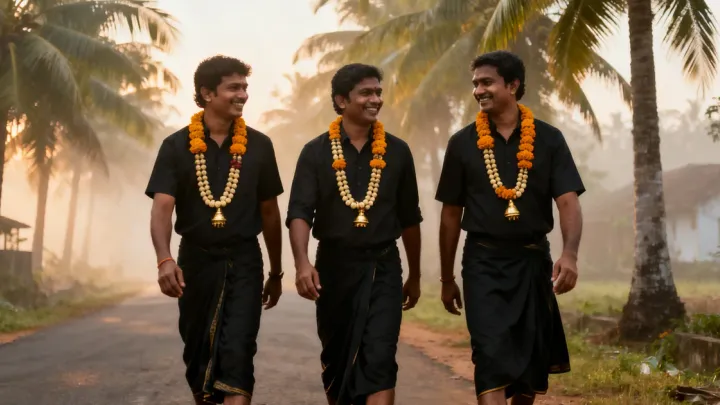 കറുത്ത ഷർട്ടും കറുത്ത മുണ്ടും ധരിച്ച്, കഴുത്തിൽ മാലയണിഞ്ഞ് തെങ്ങിൻതോപ്പുകൾക്കിടയിലൂടെ മൂടൽമഞ്ഞുള്ള പ്രഭാതത്തിൽ നടന്നുപോകുന്ന മൂന്ന് മലയാളി ഭക്തർ.
