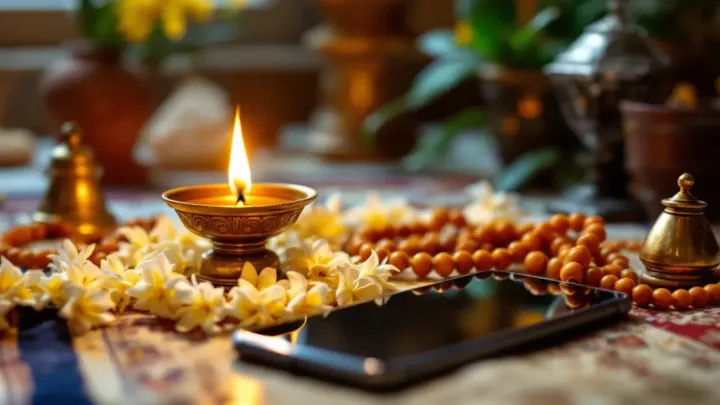 A brass oil lamp burning on a home altar beside a jasmine garland, a wooden mala, a small bronze bell and a smartphone lying on a woven cloth.