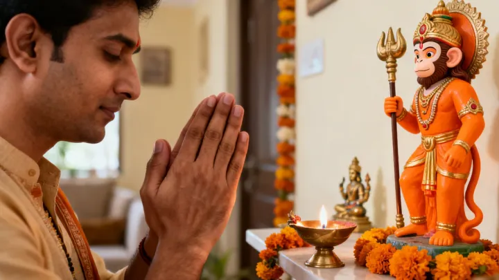 A devotee prays with folded hands before an orange Hanuman murti holding a mace, on a home altar with a lit diya and marigold garlands.