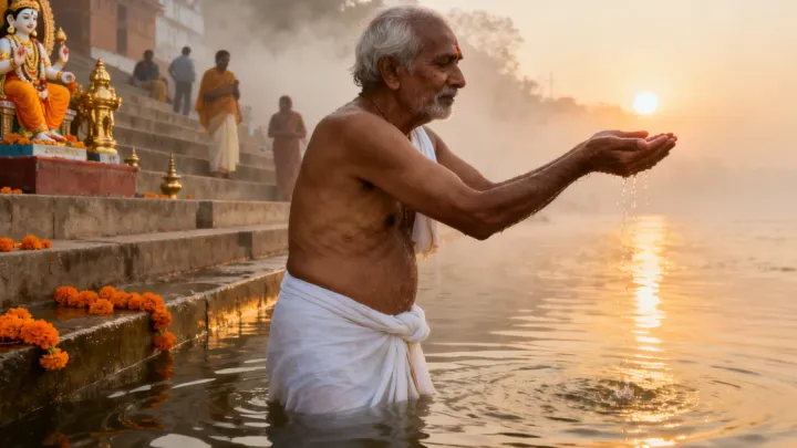 An elderly man in a white dhoti stands waist-deep in a misty river at sunrise, offering water from cupped hands toward the rising sun beside temple ghat steps.
