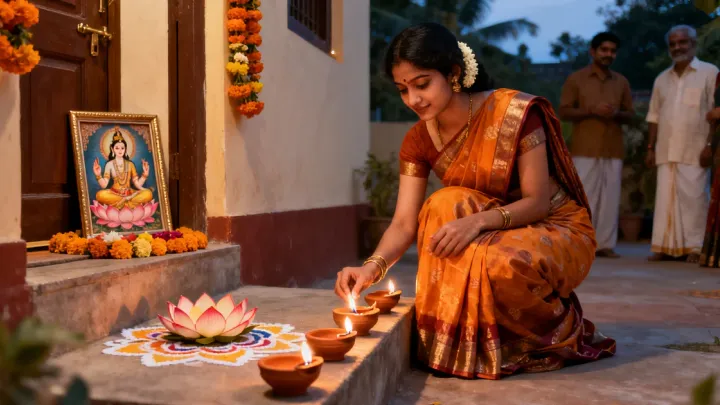 సాయంత్రం వేళ ఇంటి గుమ్మం దగ్గర ఒక మహిళ మట్టి ప్రమిదలతో దీపాలు వెలిగిస్తోంది, పక్కనే రంగవల్లి మరియు చిన్న లక్ష్మీ దేవి పటం ఉన్నాయి.