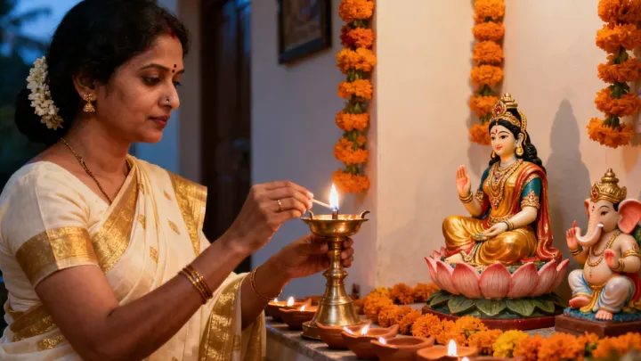 കസവ് സാരി ധരിച്ച ഒരു മലയാളി സ്ത്രീ നിലവിളക്ക് കൊളുത്തുന്നു; അടുത്ത് താമരയിൽ ഇരിക്കുന്ന ലക്ഷ്മി ദേവിയുടെയും ഗണപതിയുടെയും വിഗ്രഹങ്ങൾ, ചുറ്റും ചെണ്ടുമല്ലി മാലകളും മൺചിരാതുകളും.