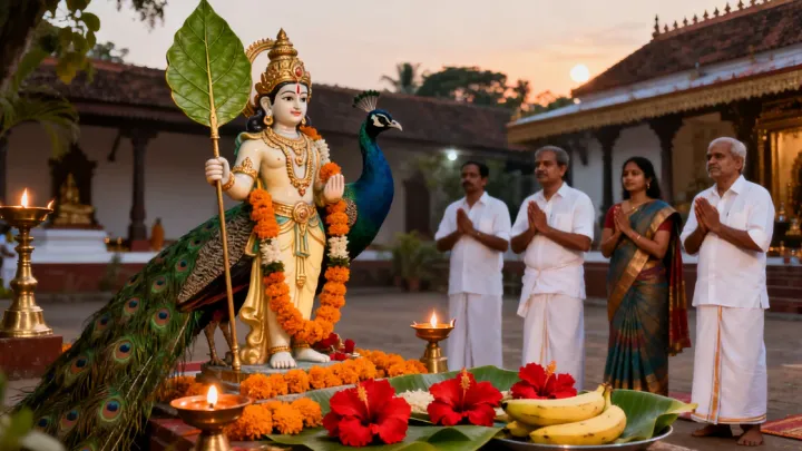 സന്ധ്യാസമയത്ത് കേരളത്തിലെ ഒരു ക്ഷേത്രമുറ്റത്ത് വേലും മയിലുമായി നിൽക്കുന്ന മുരുകവിഗ്രഹം, മുന്നിൽ വിളക്കുകളും ചെമ്പരത്തിപ്പൂക്കളും പഴവും, കൈകൂപ്പി പ്രാർത്ഥിക്കുന്ന ഭക്തർ.