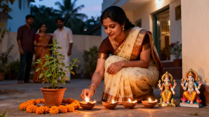 సాయంత్రం వేళ ఇంటి ముంగిట తులసి మొక్క దగ్గర ఒక మహిళ మట్టి దీపాలు వెలిగిస్తోంది, పక్కనే చిన్న లక్ష్మీ-విష్ణు విగ్రహాలు, వెనుక కుటుంబ సభ్యులు నిలబడి ఉన్నారు.