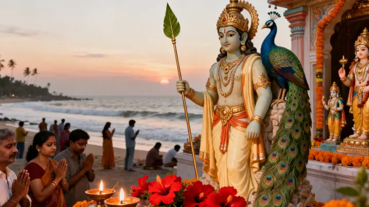 A Murugan murti holding a leaf-shaped vel beside a peacock at a seaside temple at dusk, with oil lamps, red hibiscus flowers and devotees praying with folded hands.