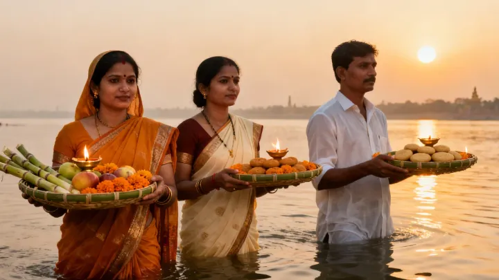 सुबह की सुनहरी रोशनी में नदी के घाट पर पानी में खड़े तीन श्रद्धालु बांस के सूप में फल, गन्ना, ठेकुआ और दीया लेकर उगते सूरज को अर्घ्य देने जा रहे हैं।