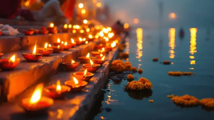 वाराणसी के घाट की सीढ़ियों पर कतार में जलते मिट्टी के दीये, पास बहती गंगा में तैरते गेंदे के फूल और पानी में झिलमिलाती रोशनी।