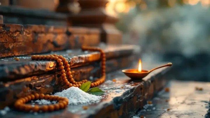 A rudraksha mala, bilva leaves, a mound of white sacred ash and a lit brass lamp on a worn stone temple step in soft dawn mist.