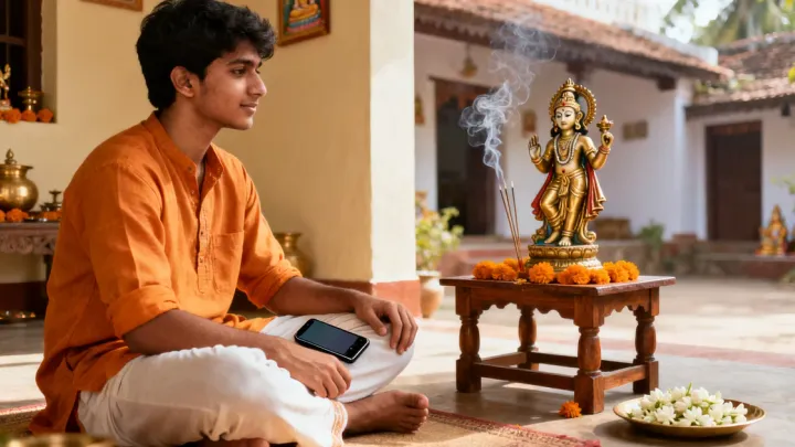 ಸಾಂಪ್ರದಾಯಿಕ ಕರ್ನಾಟಕದ ಮನೆಯ ಜಗುಲಿಯಲ್ಲಿ ಕುಳಿತ ಯುವಕನೊಬ್ಬ ಪಕ್ಕದಲ್ಲಿ ಫೋನ್ ಇಟ್ಟುಕೊಂಡು, ಎದುರಿಗಿನ ಮಣೆಯ ಮೇಲಿನ ಕೃಷ್ಣನ ಕಂಚಿನ ವಿಗ್ರಹಕ್ಕೆ ಊದುಬತ್ತಿ ಮತ್ತು ಮಲ್ಲಿಗೆ ಹೂವು ಅರ್ಪಿಸಿ ನೋಡುತ್ತಿದ್ದಾನೆ.