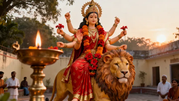 Goddess Durga in a red and gold sari with marigold and hibiscus garlands, seated on a lion in a courtyard at sunrise, beside a lit brass lamp, with devotees watching quietly.