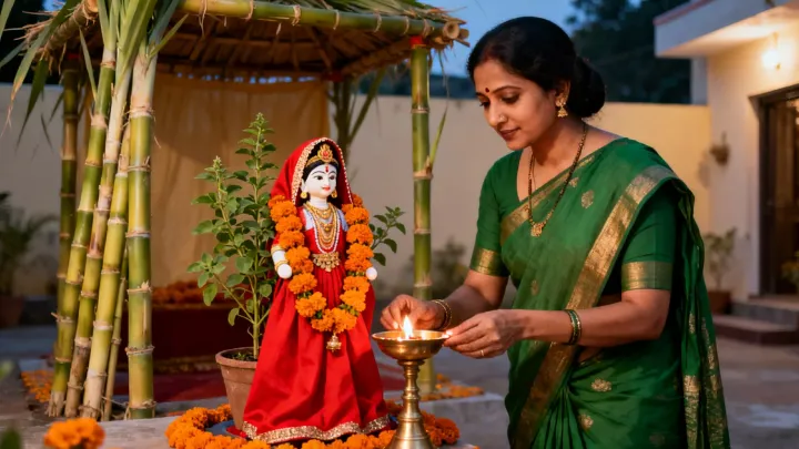 हरी साड़ी पहने एक महिला शाम के समय आंगन में तुलसी के पास पीतल का दीया जला रही है; पीछे गन्ने का मंडप है और तुलसी के साथ गेंदे की माला पहने लाल वस्त्र में दुल्हन की मूर्ति रखी है।