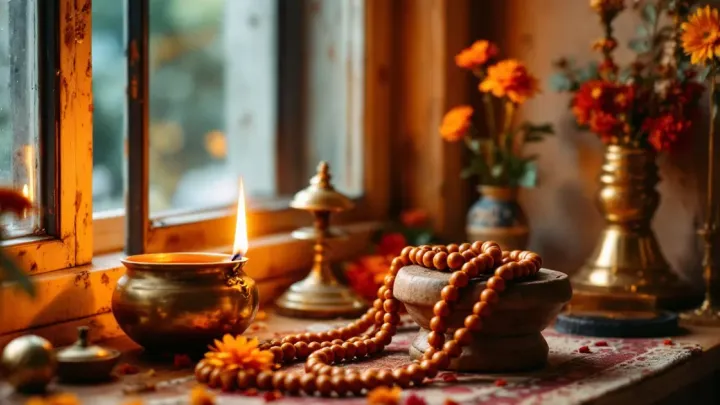 A lit brass diya, a rudraksha mala, a small brass bell and fresh marigolds on a wooden window ledge in soft morning light.