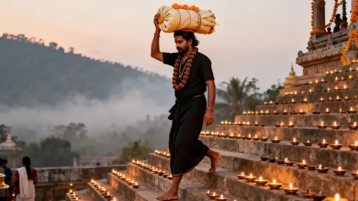 കറുപ്പ് മുണ്ട് ധരിച്ച്, രുദ്രാക്ഷമാല അണിഞ്ഞ് തലയിൽ ഇരുമുടിക്കെട്ട് വഹിച്ച് ക്ഷേത്രത്തിലേക്ക് നടന്നുപോകുന്ന ഒരു അയ്യപ്പഭക്തൻ, പിന്നിൽ എണ്ണവിളക്കുകൾ.