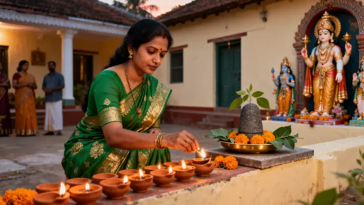 ಸಂಜೆ ಕರ್ನಾಟಕದ ಸಾಂಪ್ರದಾಯಿಕ ಮನೆಯ ಅಂಗಳದಲ್ಲಿ ಹಸಿರು ರೇಷ್ಮೆ ಸೀರೆಯ ಮಹಿಳೆಯೊಬ್ಬರು ಸಾಲು ಮಣ್ಣಿನ ದೀಪಗಳನ್ನು ಹಚ್ಚುತ್ತಿದ್ದಾರೆ, ಪಕ್ಕದಲ್ಲಿ ಬಿಲ್ವಪತ್ರೆ ಮತ್ತು ಚೆಂಡು ಹೂವುಗಳಿಂದ ಅಲಂಕರಿಸಿದ ಶಿವಲಿಂಗವಿದೆ.