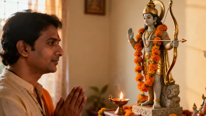 A devotee with folded hands prays before a stone murti of Sri Ram holding a bow, draped in marigold garlands, beside a brass oil lamp in a sunlit home shrine.