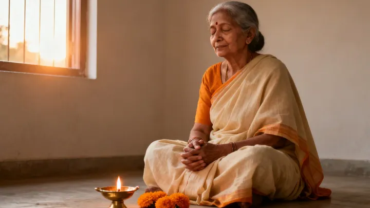 An elderly Indian woman in a cream cotton sari sits cross-legged by a sunlit window with folded hands and closed eyes, a lit brass lamp and marigolds on the floor before her.