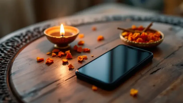 A smartphone lying on a carved wooden table beside a lit brass diya and a small brass bowl of marigold petals and incense sticks in warm evening light.