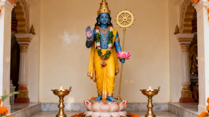 A blue-skinned murti of Lord Vishnu in yellow robes stands on a lotus pedestal in a temple sanctum, raising one hand in blessing and holding a golden chakra and a pink lotus, with brass lamps burning on either side.