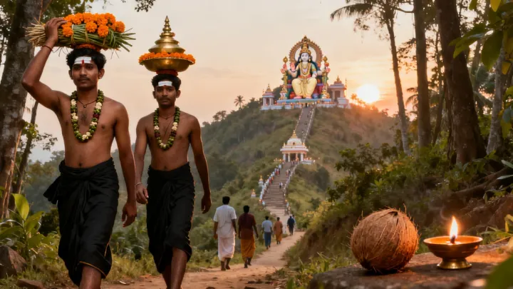 Two devotees in black dhotis with sandalwood marks and flower garlands, one carrying a bundle on his head, walking a forest path toward a hilltop shrine at sunrise, with a coconut and an oil lamp beside the path.