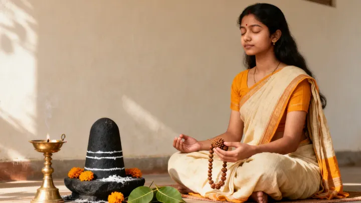 A young woman in a cream cotton saree sits cross-legged with closed eyes and a rudraksha mala in her hands beside a black stone Shiva lingam, a brass lamp, marigolds and bilva leaves in soft morning light.