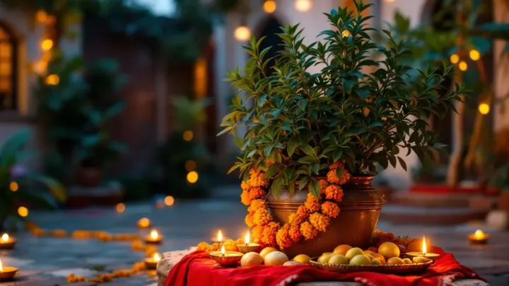 A potted tulsi plant garlanded with marigolds stands on a red cloth in a courtyard at dusk, with lit brass diyas and a tray of fruit around it.