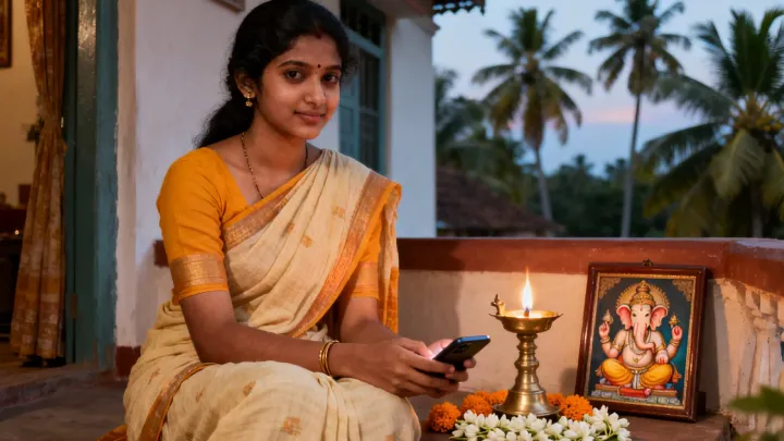 ಸಂಜೆ ಕರ್ನಾಟಕದ ಸಾಂಪ್ರದಾಯಿಕ ಮನೆಯ ಜಗುಲಿಯಲ್ಲಿ ಸೀರೆಯುಟ್ಟ ಯುವತಿ ಫೋನ್ ಹಿಡಿದು ಕುಳಿತಿದ್ದಾರೆ; ಪಕ್ಕದಲ್ಲಿ ಉರಿಯುತ್ತಿರುವ ಹಿತ್ತಾಳೆ ದೀಪ, ಮಲ್ಲಿಗೆ ಮತ್ತು ಸೇವಂತಿಗೆ ಹೂವುಗಳು, ಗಣೇಶನ ಚಿತ್ರ, ಹಿಂದೆ ತೆಂಗಿನ ಮರಗಳು.