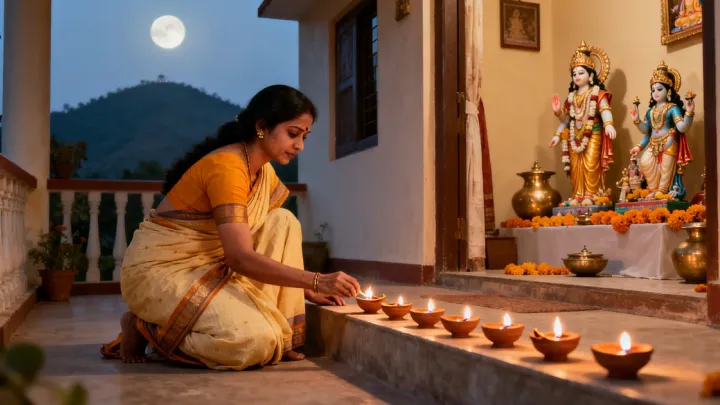 மாலை நேரத்தில் வீட்டு வராந்தாவில் ஒரு பெண் வரிசையாக அகல் விளக்குகளை ஏற்றுகிறார், பின்னணியில் மலை போன்ற நிழல்.