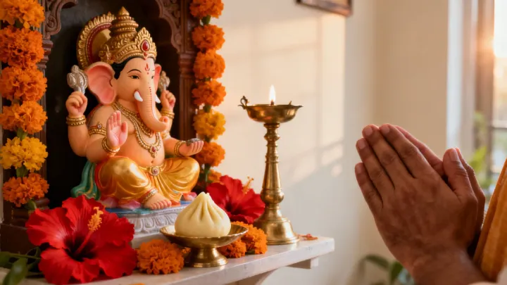 A painted Ganesha murti in a gold crown on a home altar framed by marigold garlands, with a modak, red hibiscus flowers and a brass lamp, while a devotee's folded hands appear at the edge of the frame in morning light.