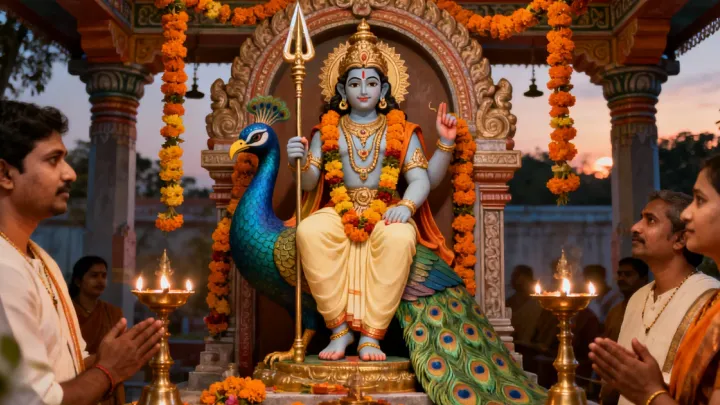 மயில் வாகனத்தில் வேலுடன் அமர்ந்த முருகப் பெருமான் சிலைக்கு முன் அகல் விளக்குகளும் மஞ்சள் பூக்களும் வைக்கப்பட்டுள்ளன.