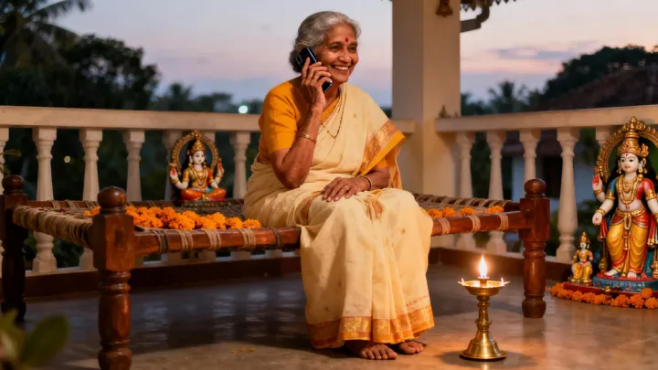 സന്ധ്യാസമയത്ത് കോലായയിലെ മരബെഞ്ചിൽ പൂക്കളാൽ അലങ്കരിച്ച ഇരിപ്പിടത്തിൽ ഇരുന്നു ചിരിച്ചുകൊണ്ട് ഫോണിൽ സംസാരിക്കുന്ന ഒരു മുത്തശ്ശി, മുന്നിൽ എണ്ണവിളക്ക് കത്തുന്നു, പിന്നിൽ ദേവീ വിഗ്രഹങ്ങൾ.