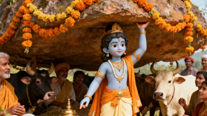बाल कृष्ण अपनी उंगली पर गोवर्धन पर्वत उठाए हुए हैं, फूलों की माला से सजे पर्वत के नीचे गाएं और गांव वाले शरण लिए हुए हैं।