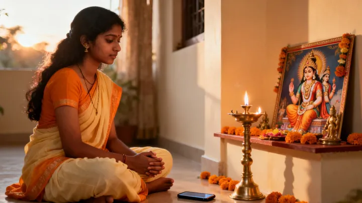 ஒரு இளம் பெண் அதிகாலையில் வீட்டு பூஜை அறையில் தரையில் அமர்ந்து, எரியும் அகல் விளக்கும் லட்சுமி தேவி படமும் முன்னால், தன் ஸ்மார்ட்போனை அருகில் வைத்துக் கண்களை மூடி கைகூப்பியிருக்கிறார்.