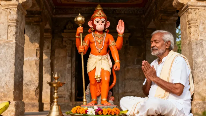 ಕರ್ನಾಟಕದ ಹಳ್ಳಿಯ ದೇವಸ್ಥಾನದ ಕಲ್ಲಿನ ಗುಡಿಯಲ್ಲಿ ಗದೆ ಹಿಡಿದ ಕಿತ್ತಳೆ ಬಣ್ಣದ ಹನುಮಂತನ ಮೂರ್ತಿ; ಮುಂದೆ ಬಿಳಿ ಪಂಚೆ ಧರಿಸಿದ ಹಿರಿಯರು ಕೈಮುಗಿದು ಕುಳಿತಿದ್ದಾರೆ, ಪಕ್ಕದಲ್ಲಿ ಹಿತ್ತಾಳೆ ದೀಪ ಮತ್ತು ಚೆಂಡು ಹೂವುಗಳು.